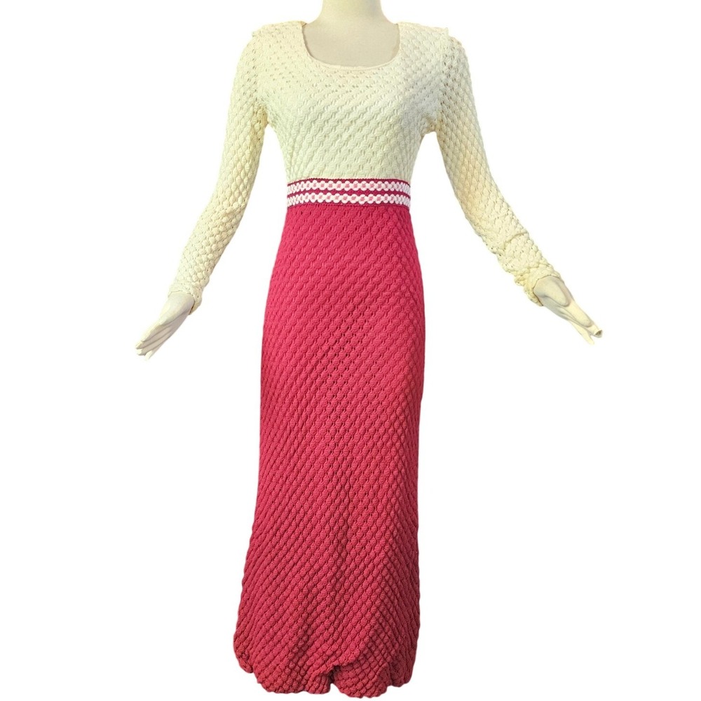 Vintage‎ 1970s Dress Maxi Floor Length Knit Fabric White Top Red Skirt 1960s
